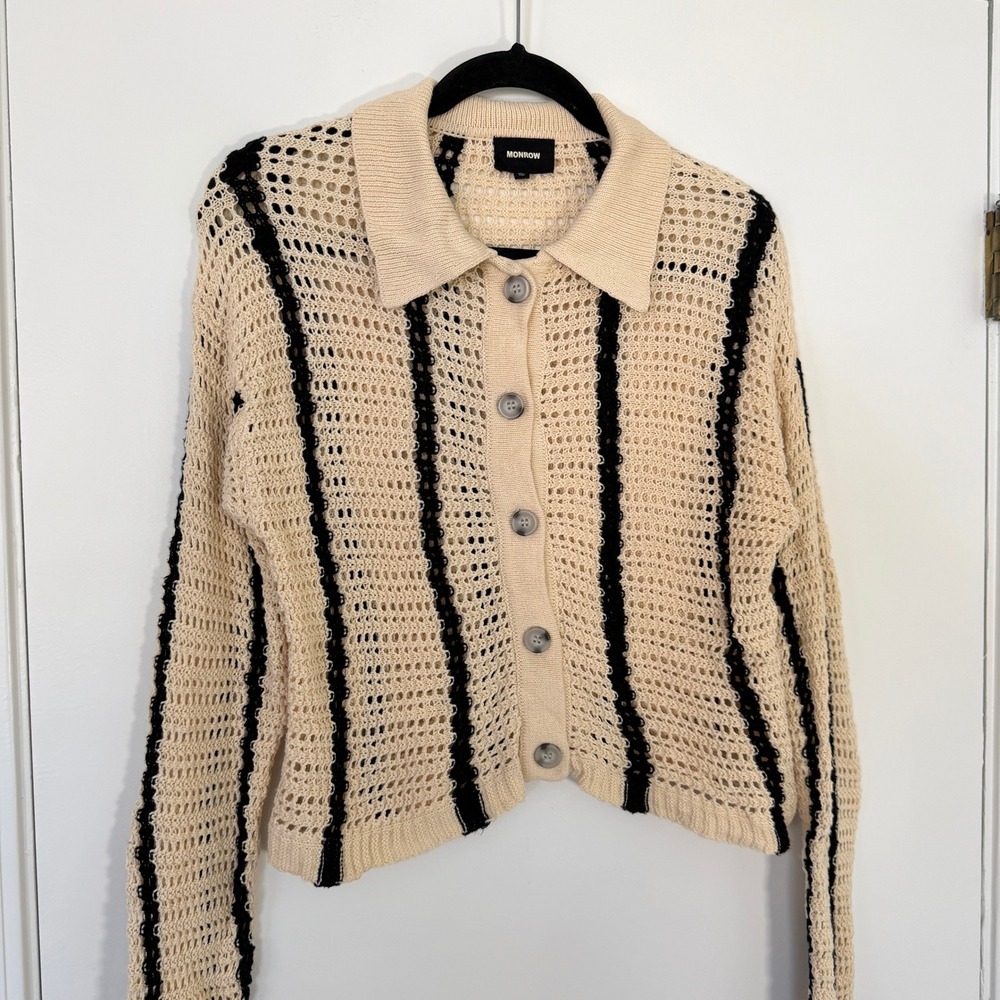 Monrow $225 Striped Organic Cotton Open Knit Crochet Cardigan Size Small - Picture 4 of 10